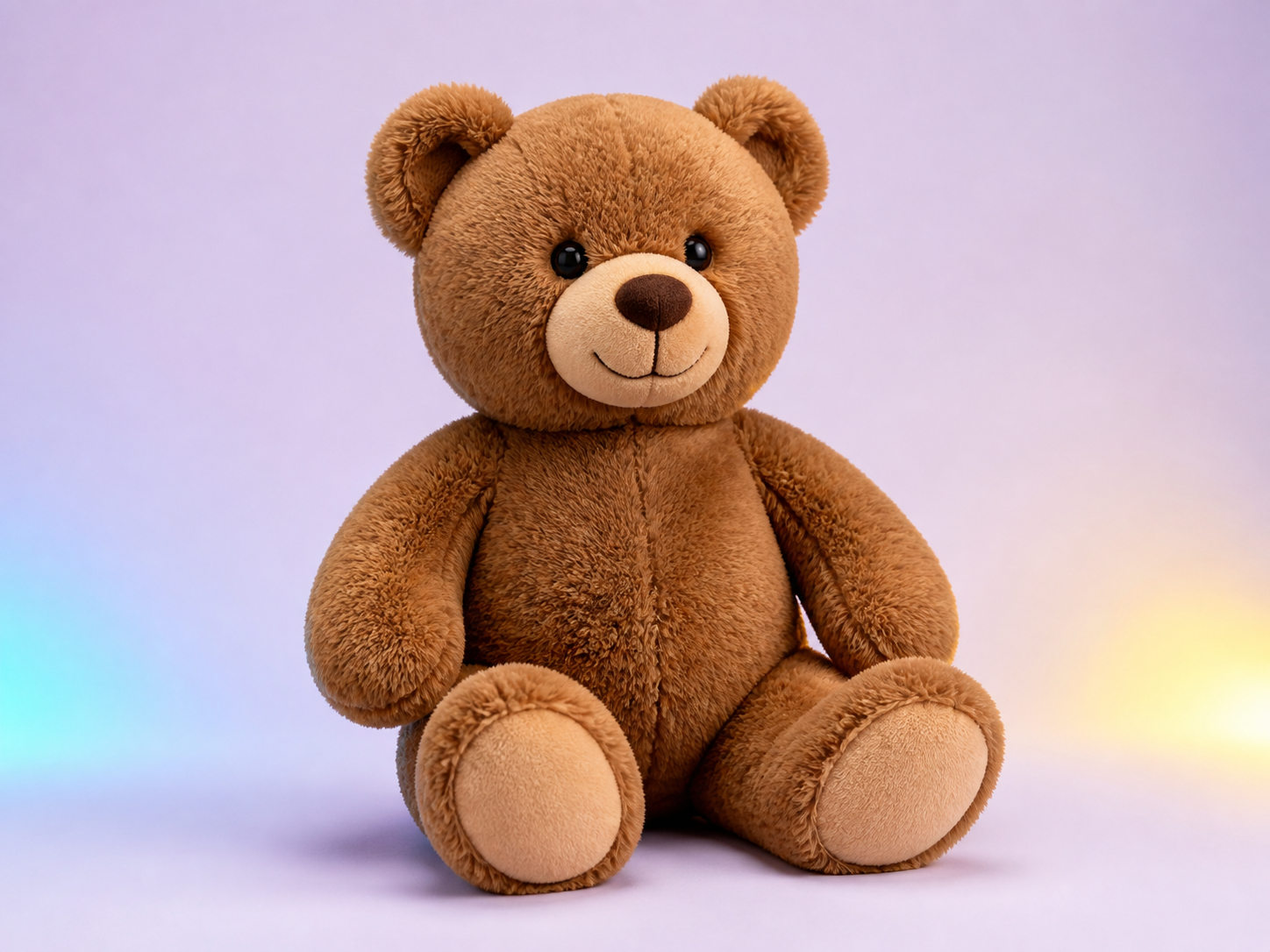 Brown teddy bear sitting against a bright laboratory backdrop