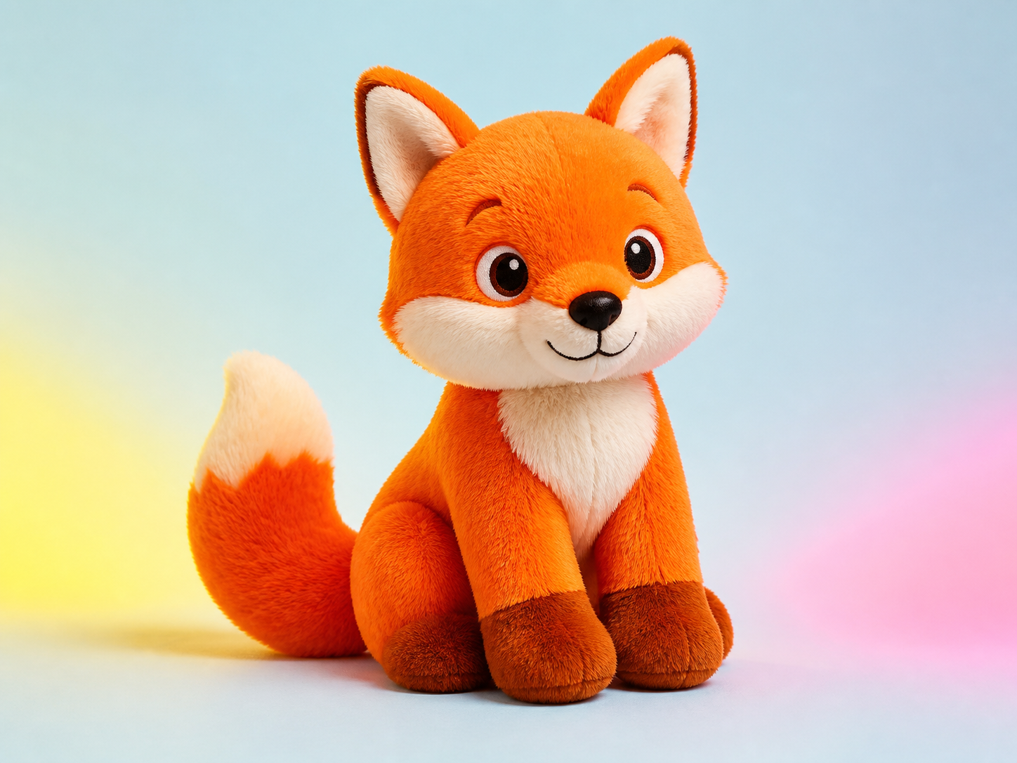 Orange plush fox sitting in a colorful workshop setting